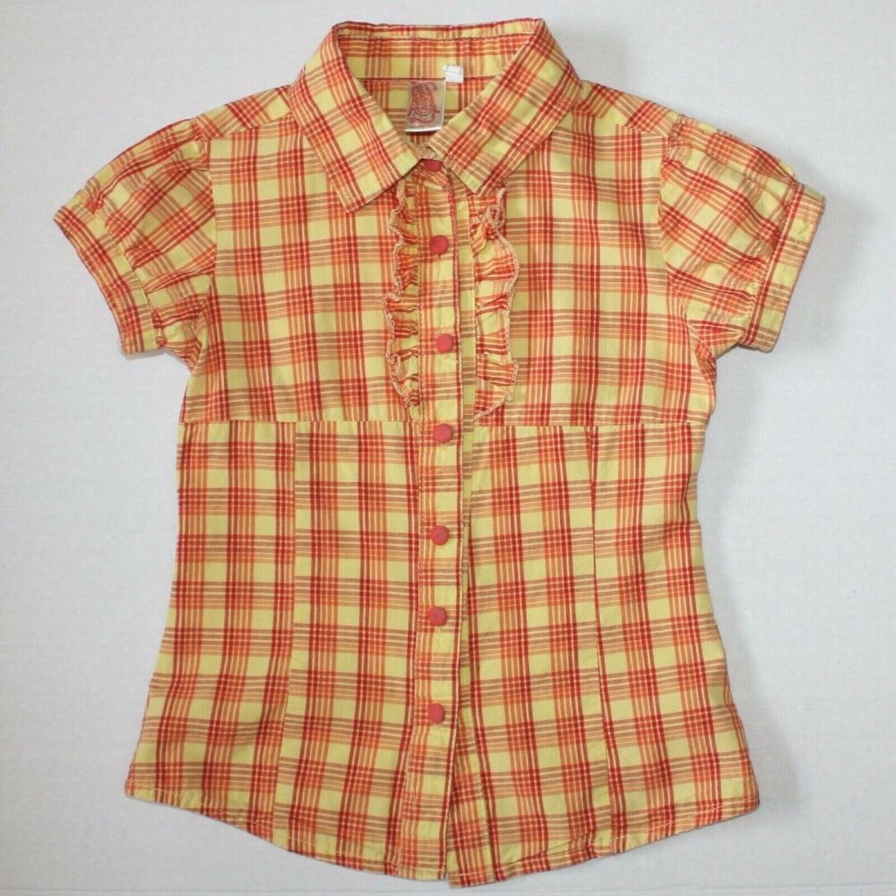 Chillipop Girl's Checkered Short Sleeve Button Front Dress Shirt Top size 5 6